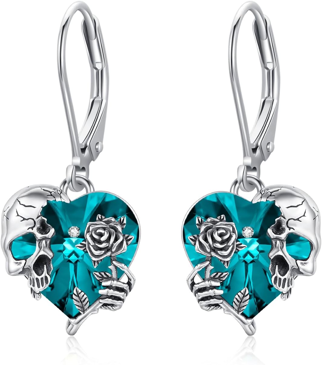 Rose Skull Earrings S925 Sterling Silver Heart Crystal Birthstone Dangle Drop Earrings Hypoallergenic Gothic Skull Leverback JJewelry Gift for Mom Daughter Wife