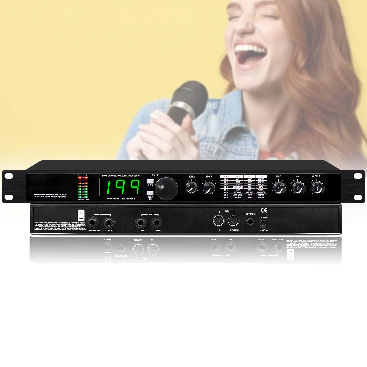 Procesador de audio digital, DSP con efecto de reverberación, 99 preajustes, 199 efectos de sonido, procesamiento de señal de 24 bits para estudio y karaoke