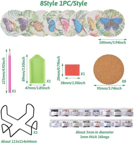 Miniatura 2 de Craftdady 8 posavasos de arte de diamantes de mariposa 5D para pintar con diamantes, posavasos de pintura de diamantes con soporte, posavasos