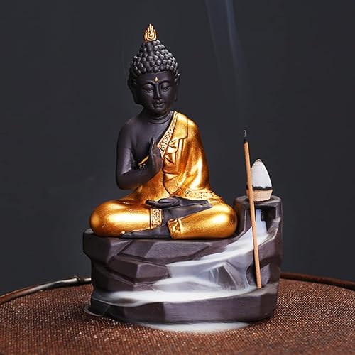 Miniatura 8 de Golden Buddha - Quemador de incienso zen, soporte para incienso árabe, cascada de humo, estufa oriental de aromaterapia decorativa (B)