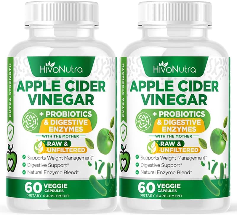 HivoNutra 3-in-1 Apple Cider Vinegar Capsules + Probiotics & Digestive Enzymes for Women & Men – Keto Diet – Promotes Gut Health & Bloat Relief – Vegan ACV Pills with Mother (60 Count (Pack of 2))