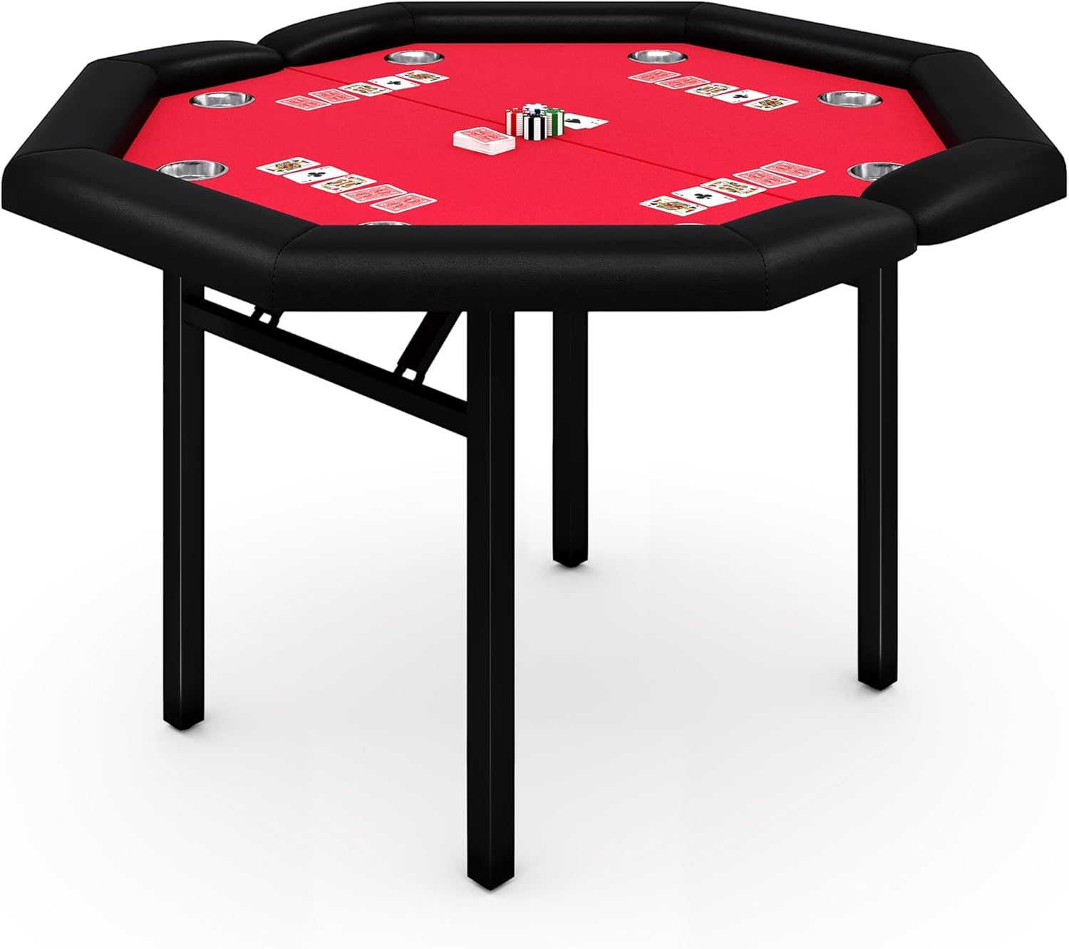 8-Player Foldable Poker Table, Protable Blackjack Texas Holdem Table with Padded Rails ＆ Stainless Steel Cup Holders, Octagon Casino Table for Blackjack, Family Games, Club (Red)