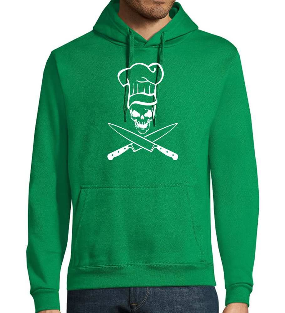 Czaszka z czapką kucharską i nożem, męska bluza z kapturem, zielony, S