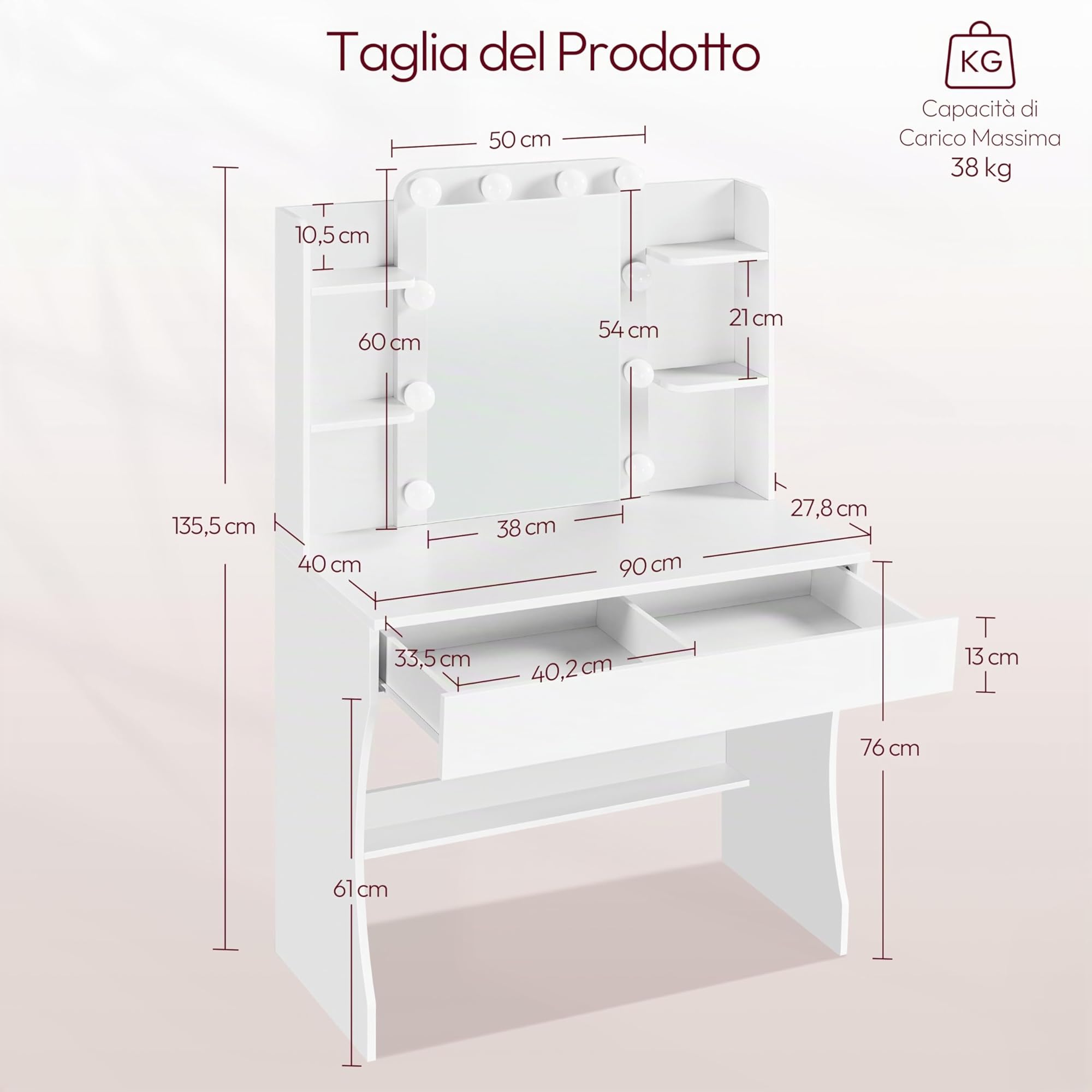 Yaheetech Toeletta Trucco con 10 Luci LED 3 Colori Regolabili e 9 Modalità di Illuminazione Tavolo da Trucco con Specchio in Vetro Temperato 1 Cassetto Grande e 5 Mensole (Bianco)