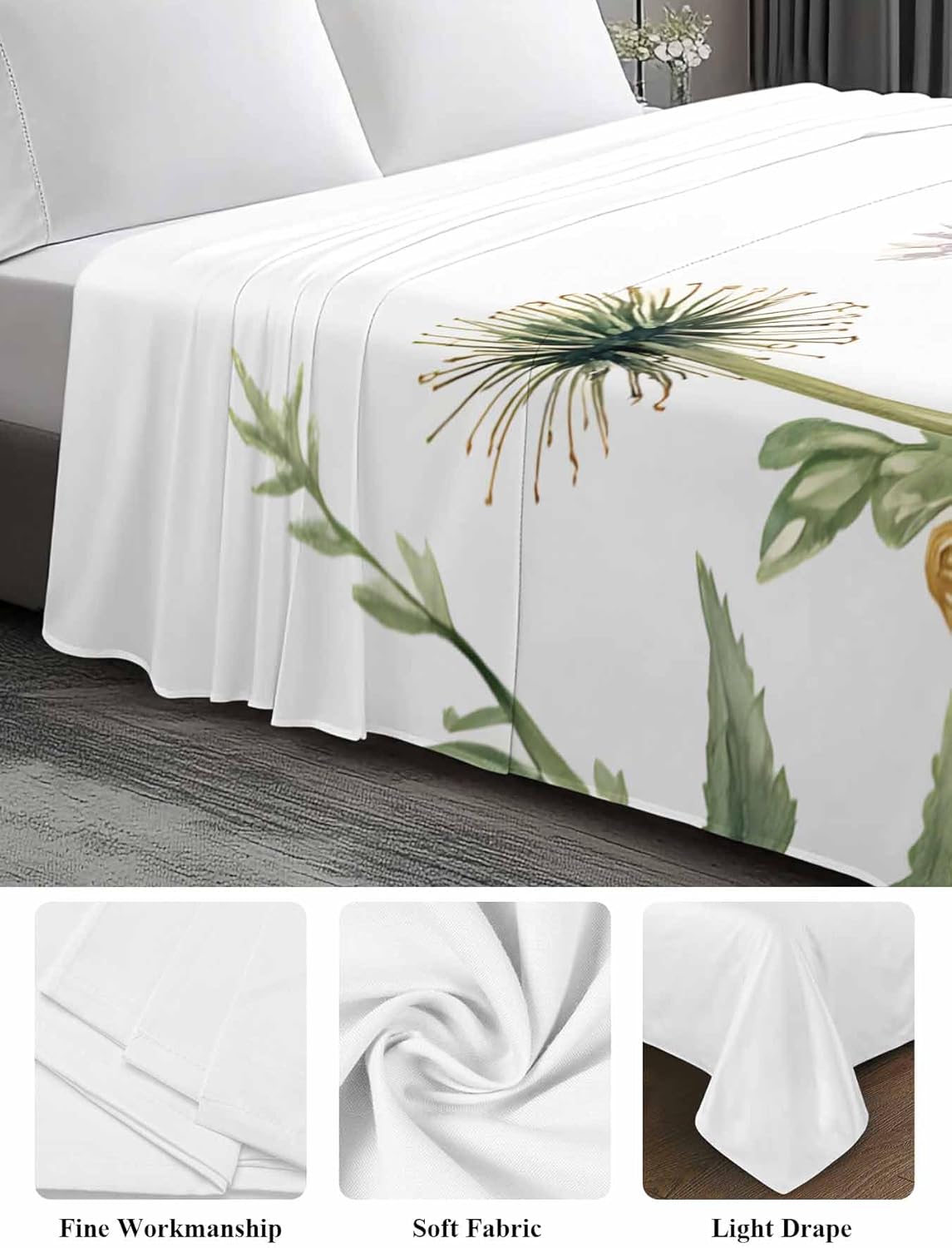 Top Sheet Full Bedding Flat Sheet Only, Spring Farmhouse Wildflowers Floral Microfiber Bed Sheets Soft Breathable Bedding Flat Sheets, Pastoral Garden Plant Hotel Luxury Top Sheets