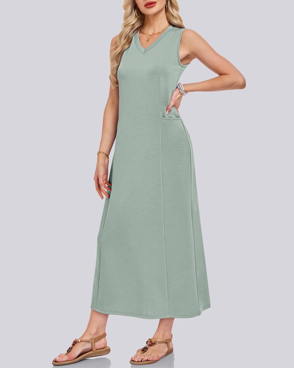 MISFAY Women Summer Maxi Dresses 2026 Casual V Neck Wrinkle-Free Long Sundress Slit Shirt Dress Vacation Outfits with Pockets - Image 4