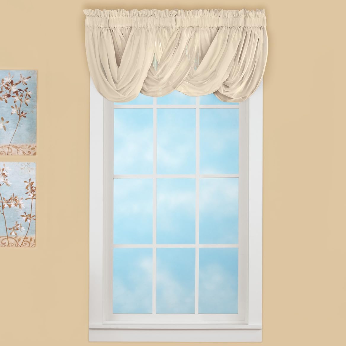SPN.Home Sheer Scoop Valance Set, Cream, 35 x 55 Inch, 2-Piece Window Curtain Valances