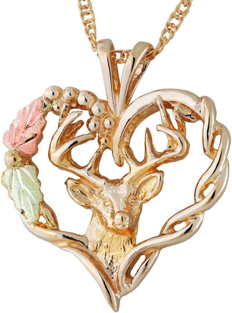 10k Yellow Gold Heart Buck Deer Pendant Necklace with 12k Green and Rose Gold Black Hills Gold Accents in Jewelry Gift Box for Special Occasions 18 Inches