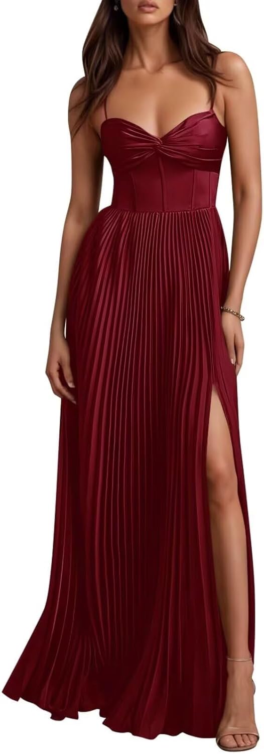 Satin Pleated Bridesmaid Dresses Long with Slit for Women Spaghetti Straps A Line Formal Evening Dress