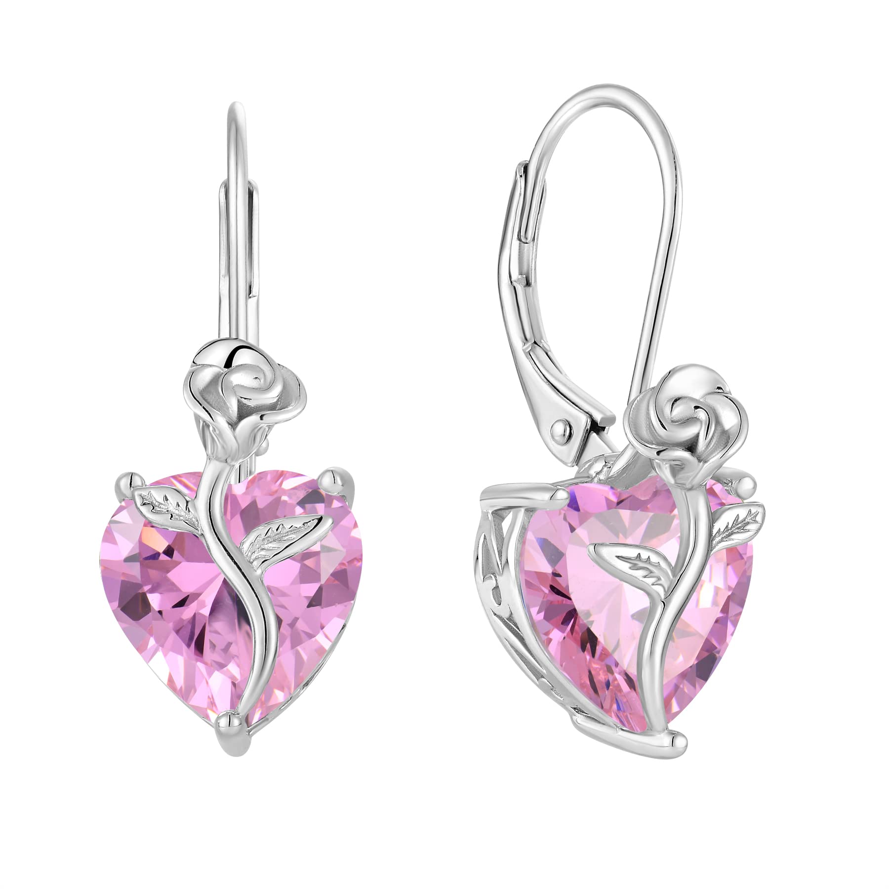 FJ Pendientes Corazón Colgantes Mujer Plata de Ley 925 Pendientes Piedra de Nacimiento Pendientes de Palanca Flor Rosa Joyas para Mujer Mamá Esposa Novia