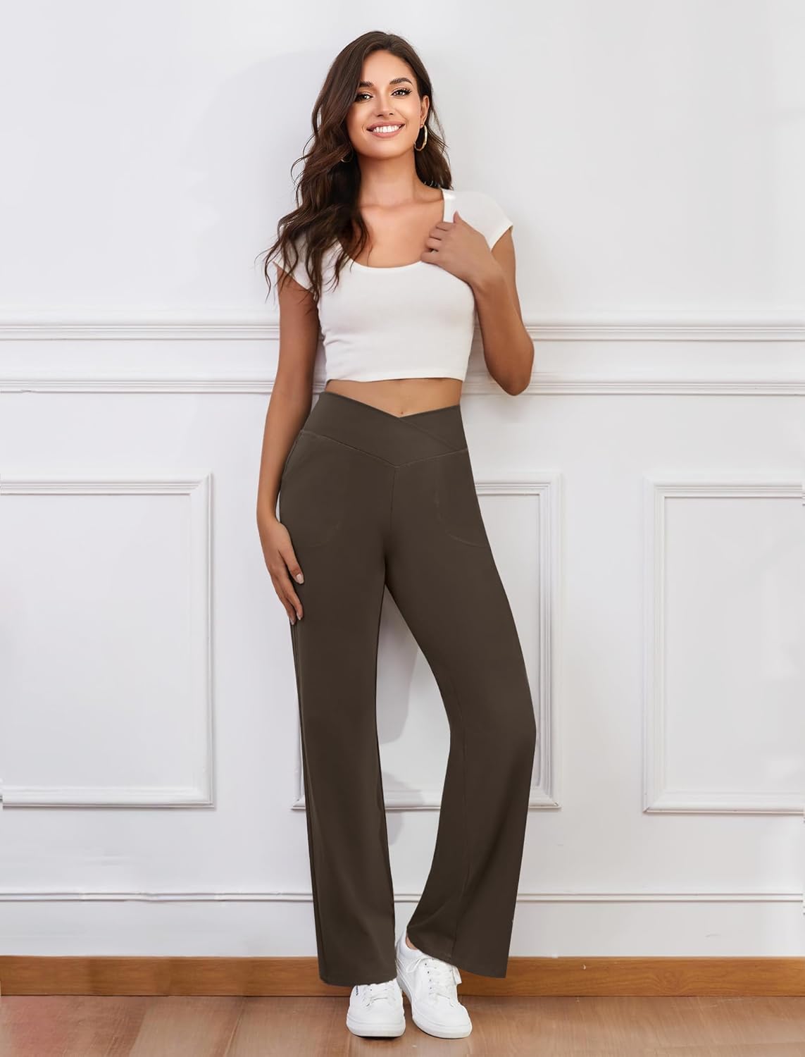 Womens Wide Leg Yoga Pants Crossover Work Dress Pants Lounge Sweatpants Casual Trousers with Pockets - Image 5