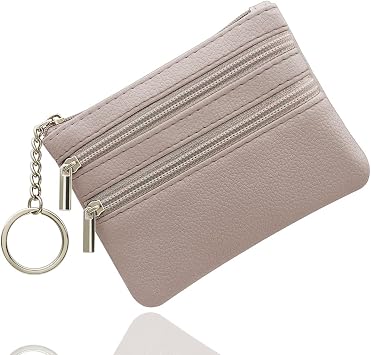 Women's Genuine Leather Coin Purse, Change Wallet, Mini Pouch Change Wallet, Zipper Mini Cash Wallet with Key RingKhaki