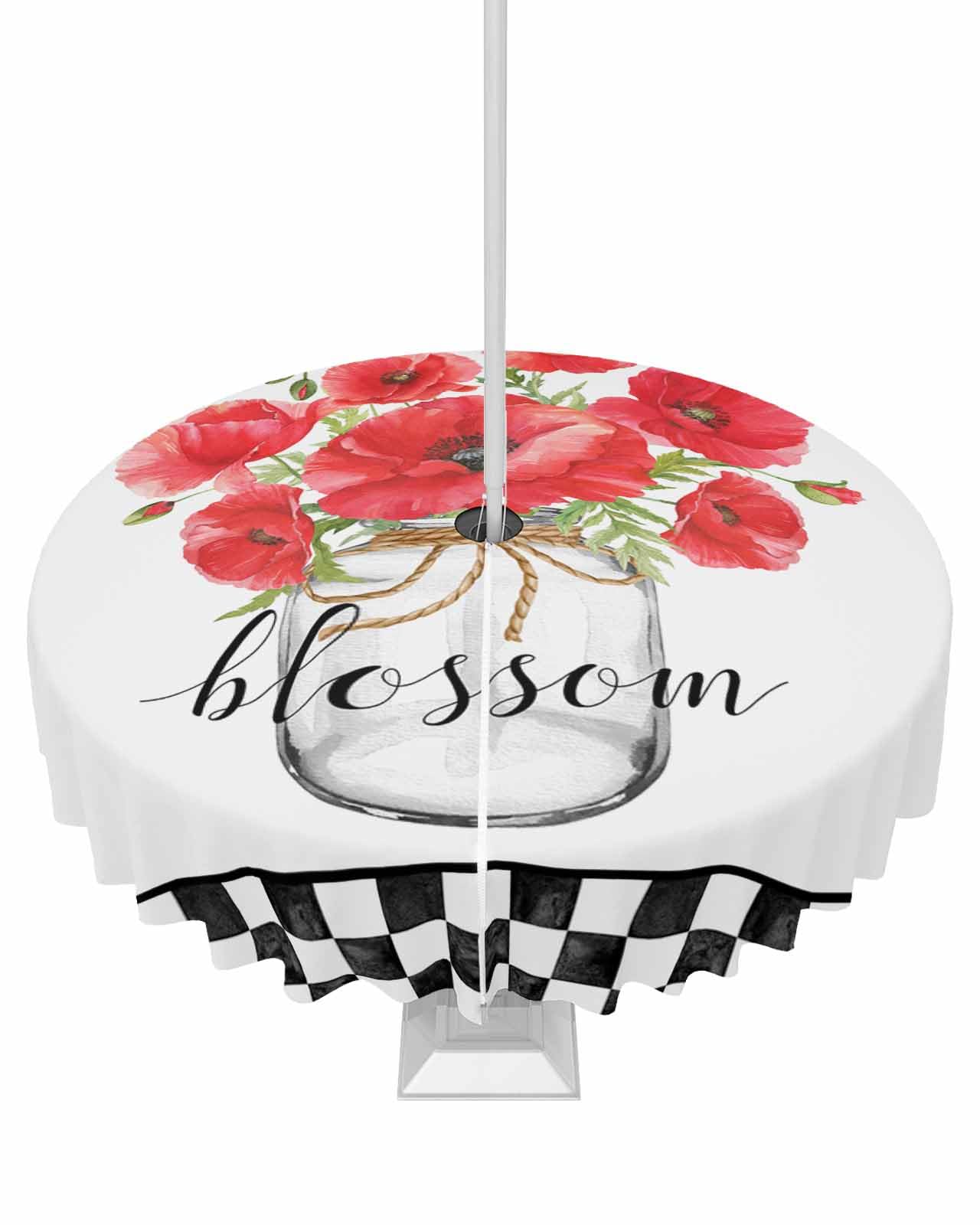 Red Flower Plaid Outdoor Tablecloths with Umbrella Hole and Zipper, Waterproof/Stain Resistant Round Table Cloth 54'' Patio Table Cover for Picnic/Party Watercolor Glass Bottle Black White Checkered