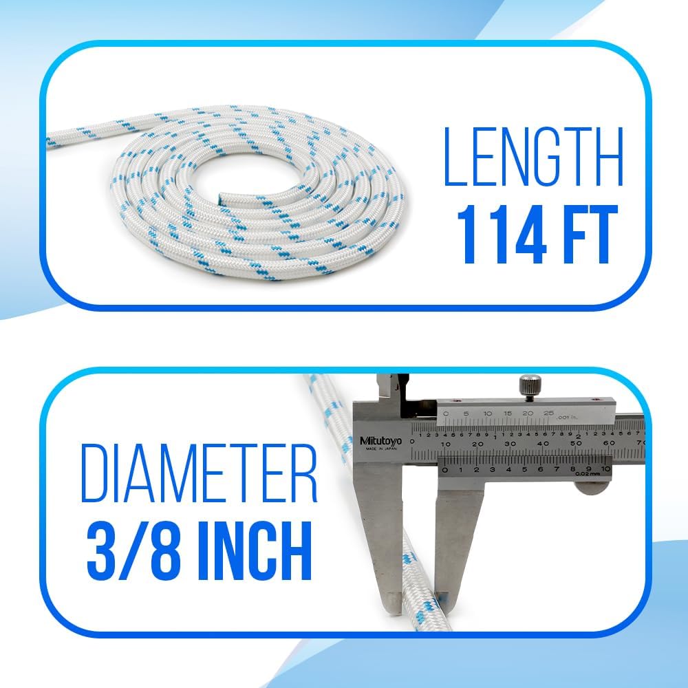 3/8" x 114FT (10mm x 35m) Low-Stretch Double Braided Nylon Halyard Rope, Marine Grade Sailboat & Yacht Line, Durable Sailing Control Rope with Eye Splice & Key Shackle