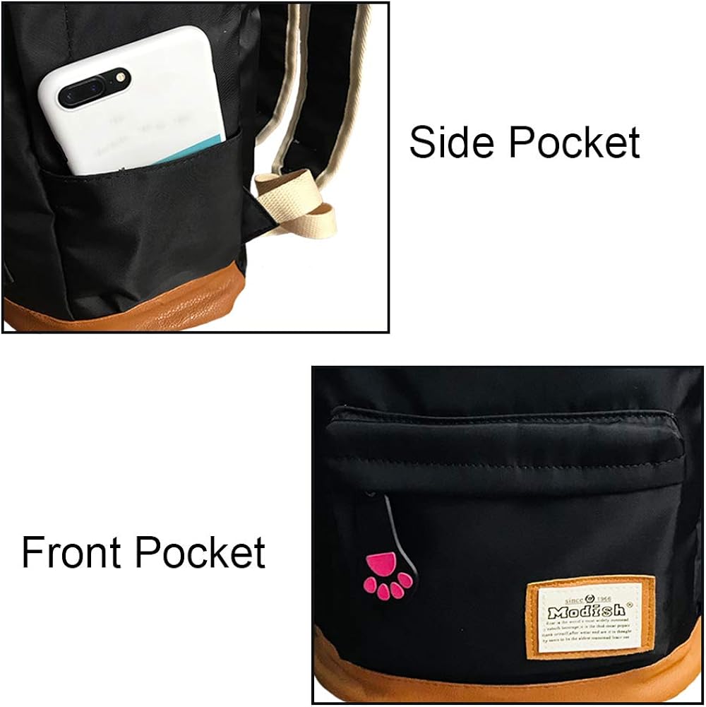 Moolecole Leather & Canvas Backpack School Bag Laptop Backpack with Cat's Ears Design,Set with 1pc Wallet (Black)