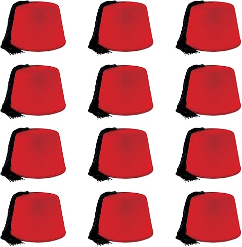 Beistle 12 piezas de fieltro carmesí Shriner Fez Sombreros con borlas Noches árabes Suministros de fiesta Tarboosh Accesorios de vestuario, talla