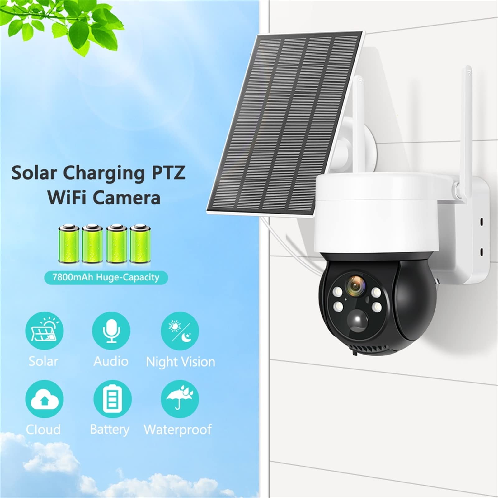 Telecamera Wifi Esterno, Telecamera solare 1080P Telecamera IP PTZ for visione notturna esterna con pannello solare Ricarica batteria Telecamere di videosorveglianza CCTV da 2 MP ,Sicurezza, Antifurto