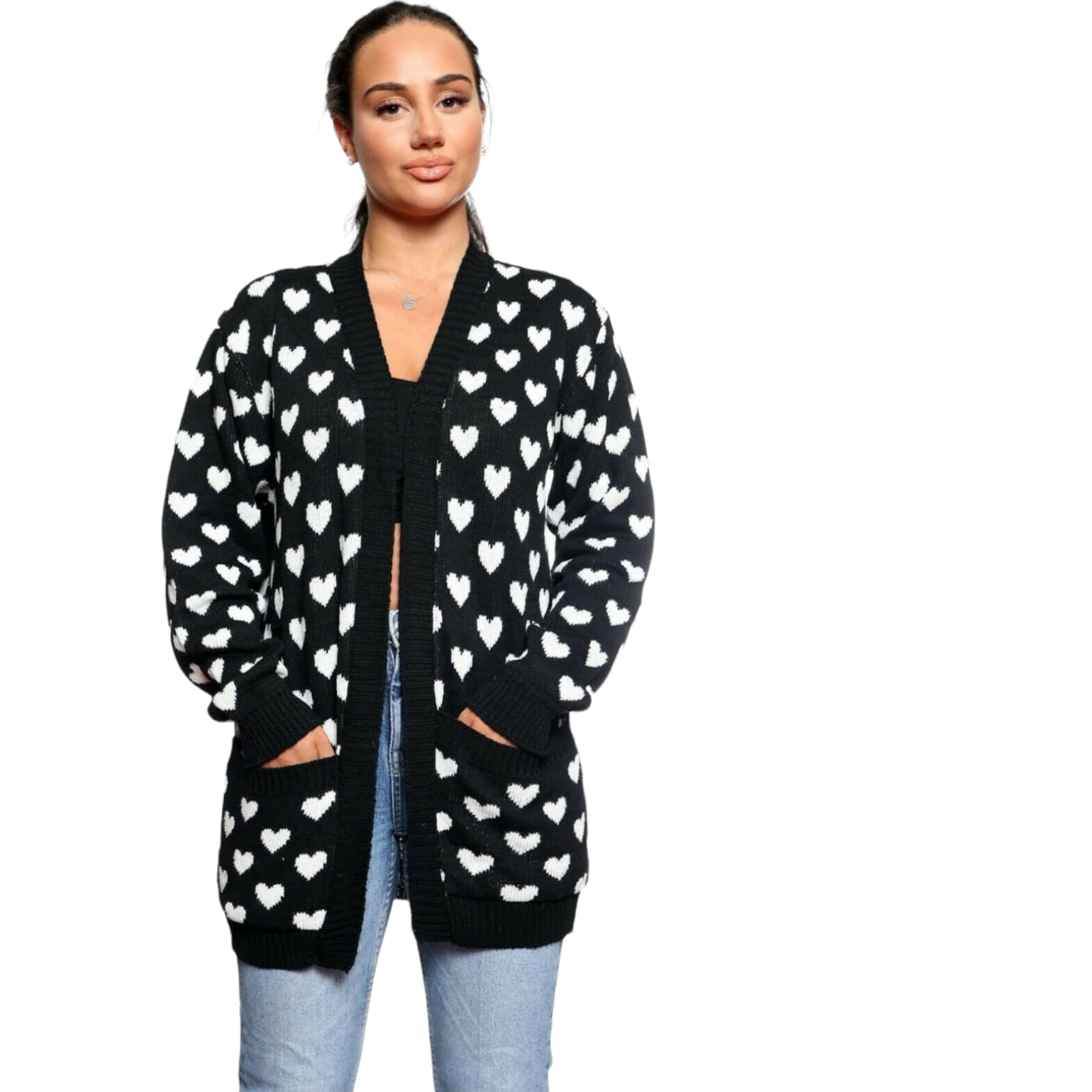Alam Exclusive Women's Black Heart Knitted Cardigan Pockets Long Sleeve Regular Big Sizes S To 3XL (As8, Numeric, Numeric_16, Numeric_18, Plus, Regular, )