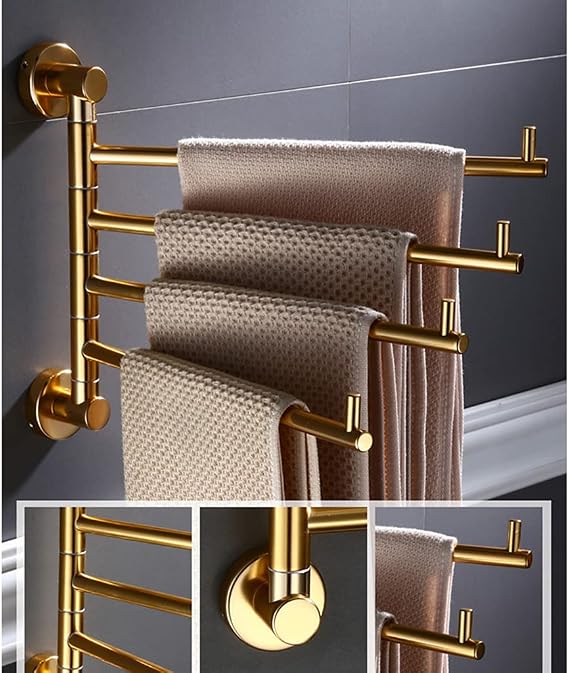 Swing Out Towel Bar Racks for Bathroom or Kitchen Holder Wall Mounted Swivel Towel Rail,Gold Finish Metal Polished Folding Arm Swivel Towel Bar Holder Storage Organi gold-2bars