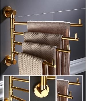 Swing Out Towel Bar Racks for Bathroom or Kitchen Holder Wall Mounted Swivel Towel Rail,Gold Finish Metal Polished Folding Arm Swivel Towel Bar Holder Storage Organi gold-2bars