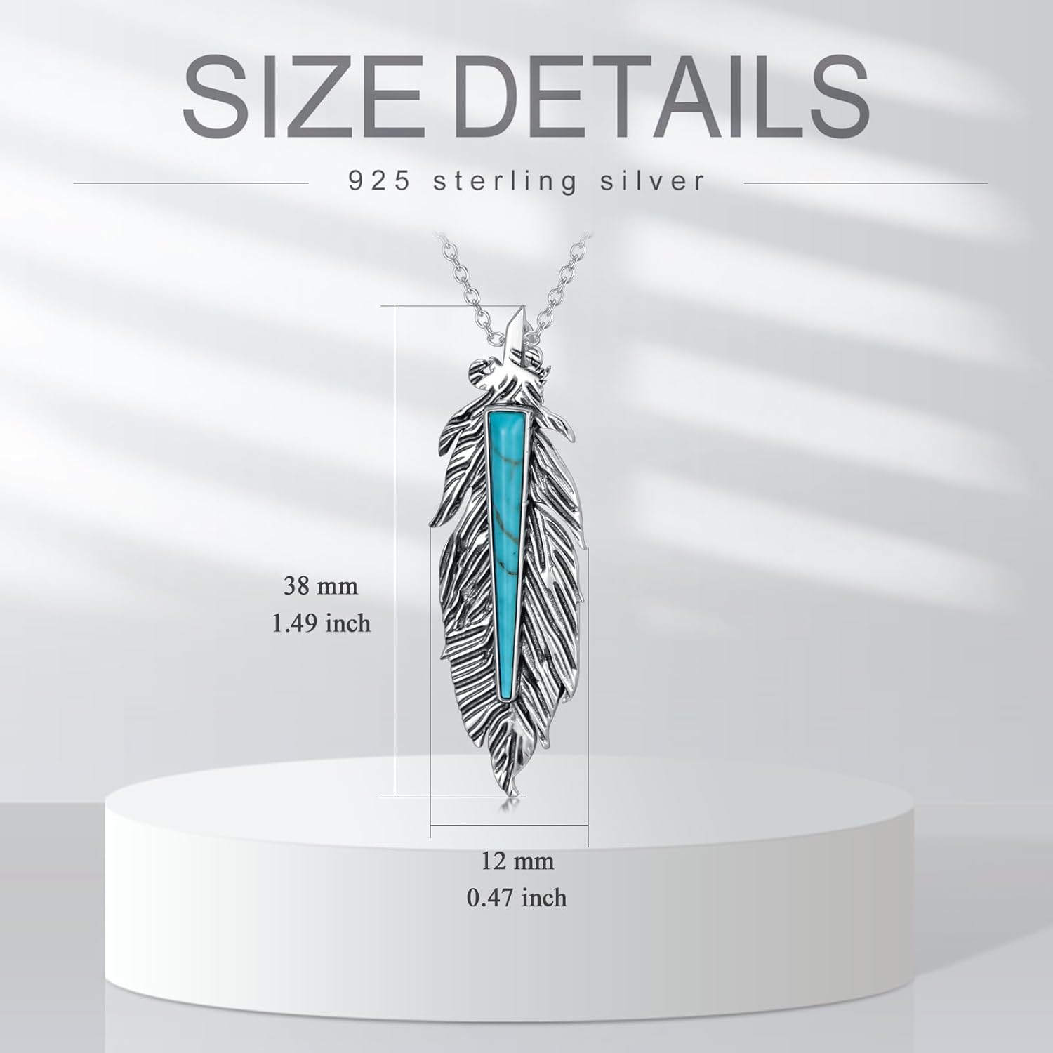 Turquoise Feather Necklace 925 Sterling Silver Genuine Turquoise Vertical Feather Pendant Western Bohemian Animal Jewelry Gifts for Women - Image 5