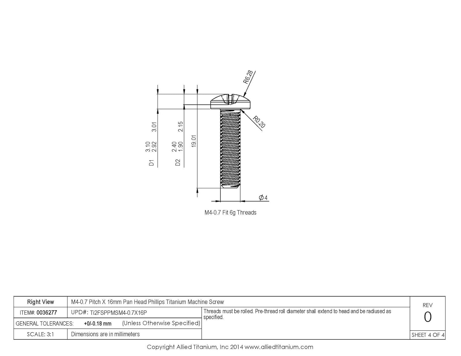 0036277, (Pack of 20) M4-0.7 Pitch X 16mm Pan Head Phillips Machine Screw, Grade 2 (CP)