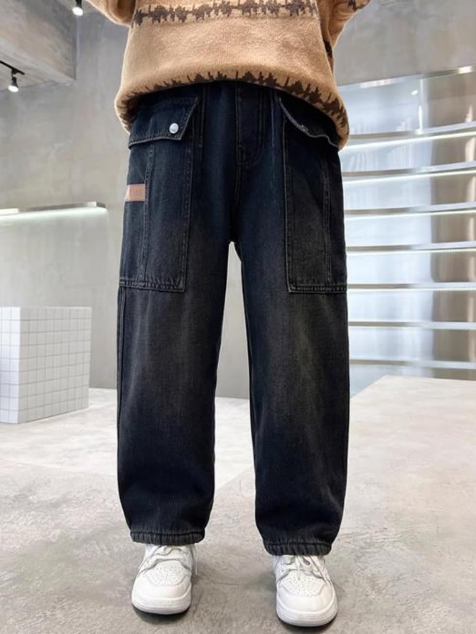 Boy's Baggy Wide Leg Jeans Straight Stretch Elastic Waist Loose Denim Pants with Pockets