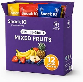 Snack IQ Freeze Dried Fruit Snacks Mixed 12 Pack - Freeze Dried Blueberries, Mango, Bananas, Apples slices, Peaches, Strawberries, & Pears - 10 Gram Individual Packs