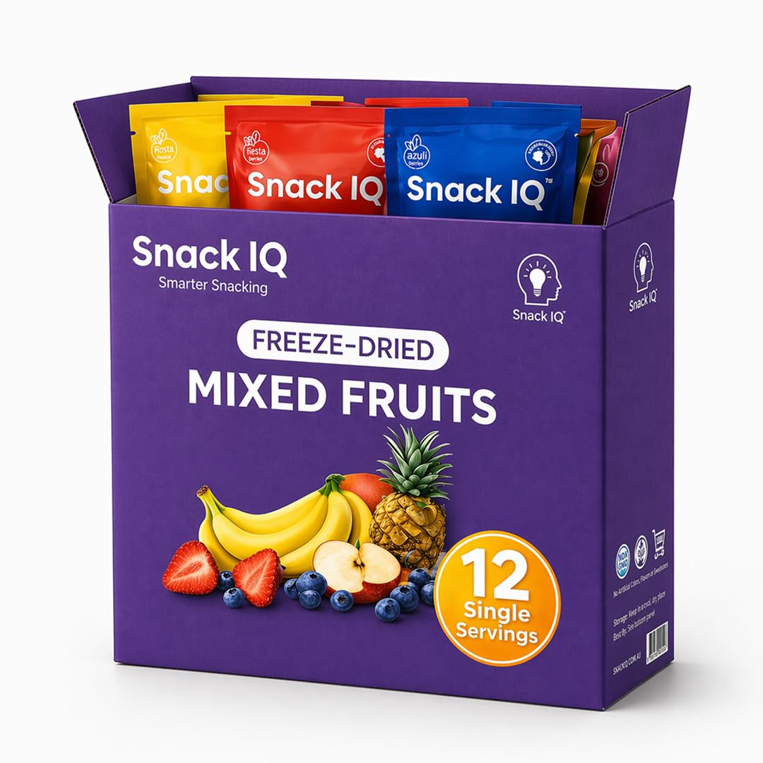 Snack IQ Freeze Dried Fruit Snacks Mixed 12 Pack - Freeze Dried Blueberries, Mango, Bananas, Apples slices, Peaches, Strawberries, & Pears - 10 Gram Individual Packs