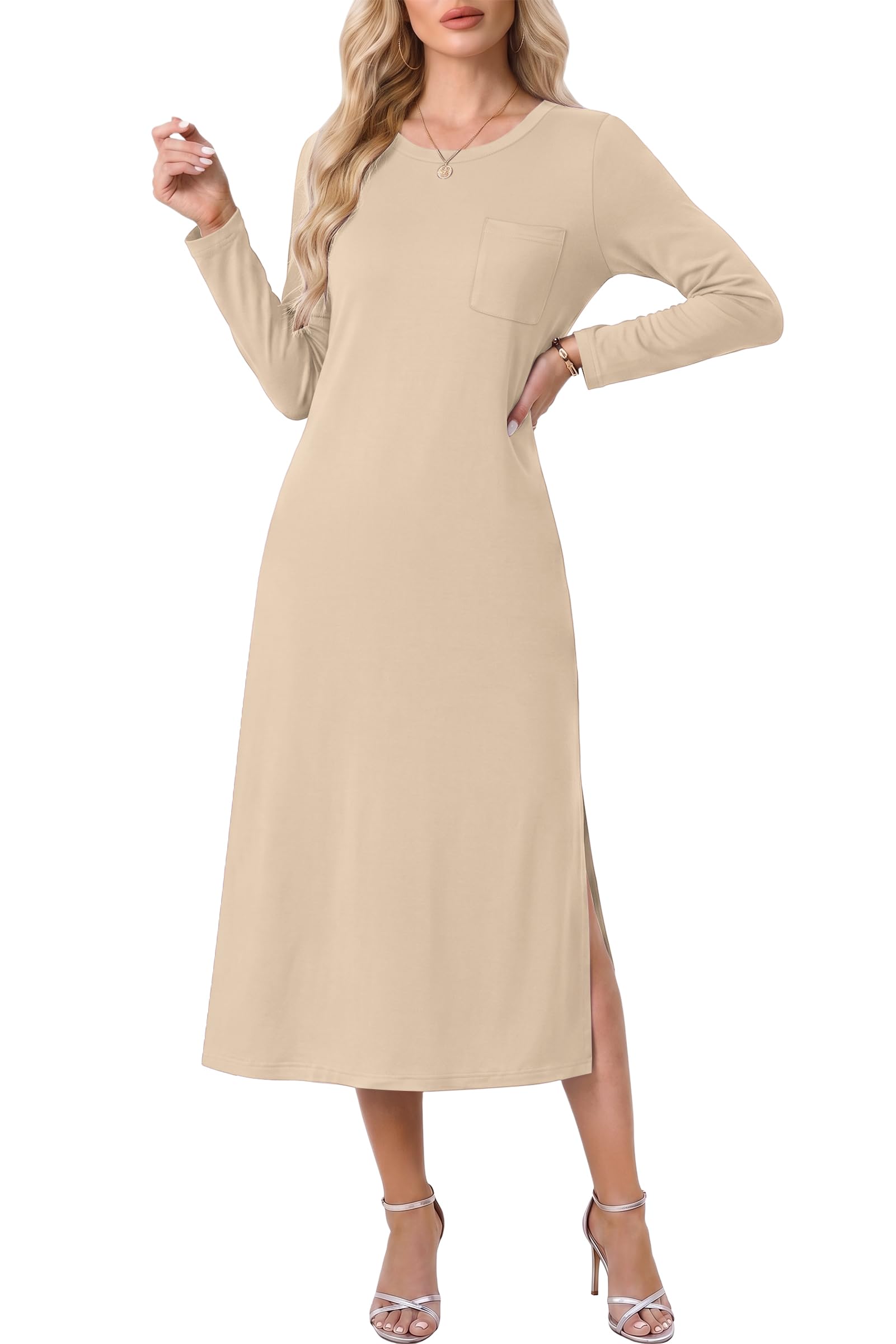 AUSELILY Damen Herbst Midikleid mit Langarm, Schlitz, locker und lässig | Rundhalsausschnitt mit Lockerem Schnitt,Seitenschlitze,Weiches und Elastisches Material,Passend für Herbst- und Winteroutfits
