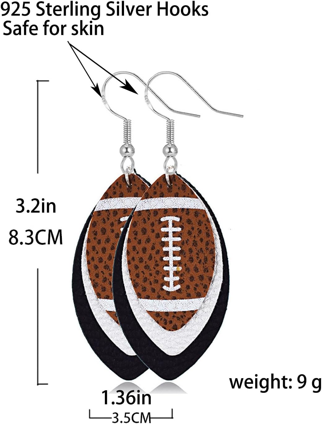 Sterling Silver Football Dangle Earrings for Women, Game Days Dangling Earrings Drop Colorful Layered Glitter Faux Leather Sports Fans Leaf Trendy Jewelry - Image 4