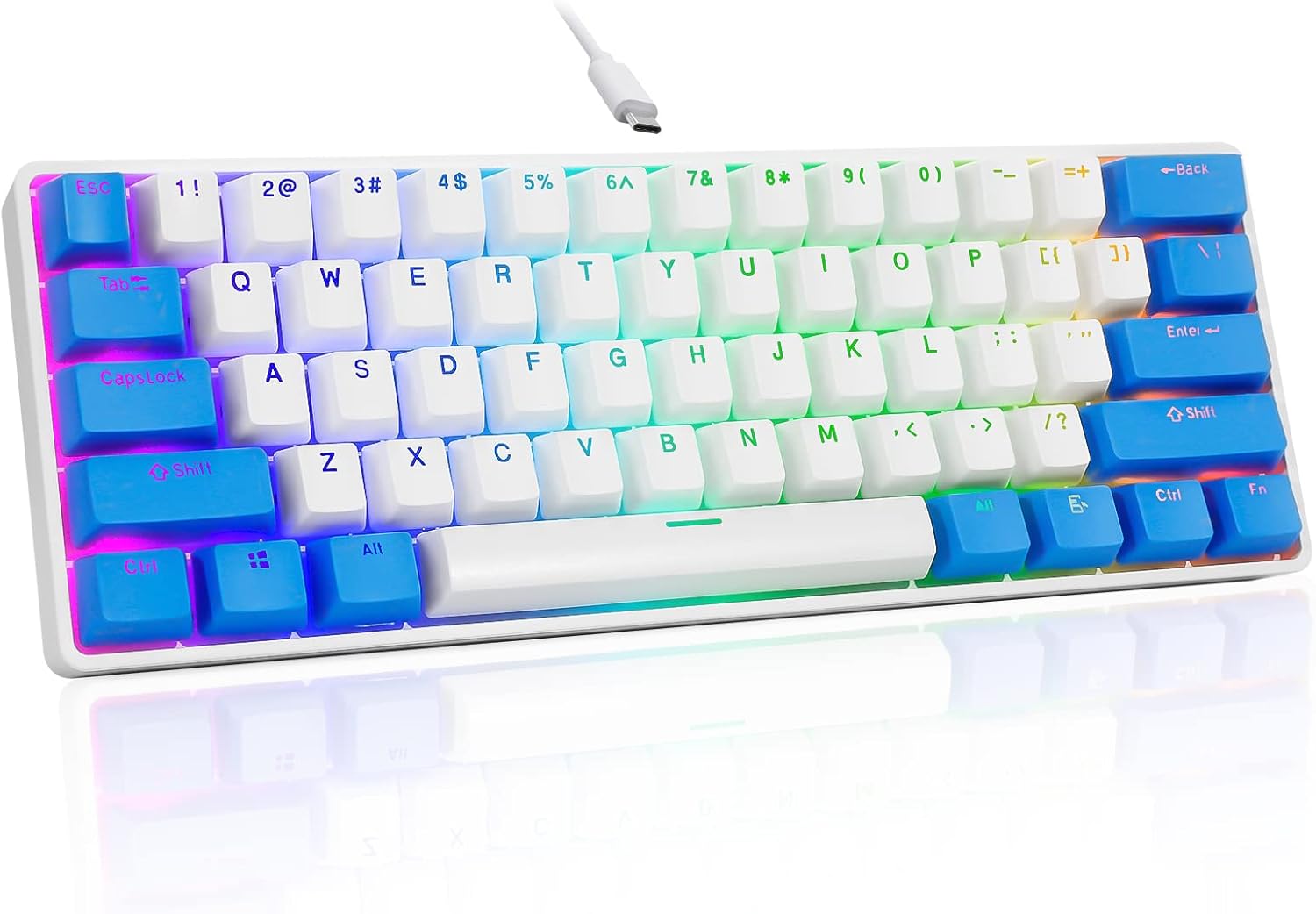 HUO JI Portable 60% Mechanical Gaming Keyboard with Hot Swappable Red Switch, Customizable RGB Backlit, Detachable USB-C Cable, Compact 61 Keys for Windows Laptop PC Mac - White/Blue