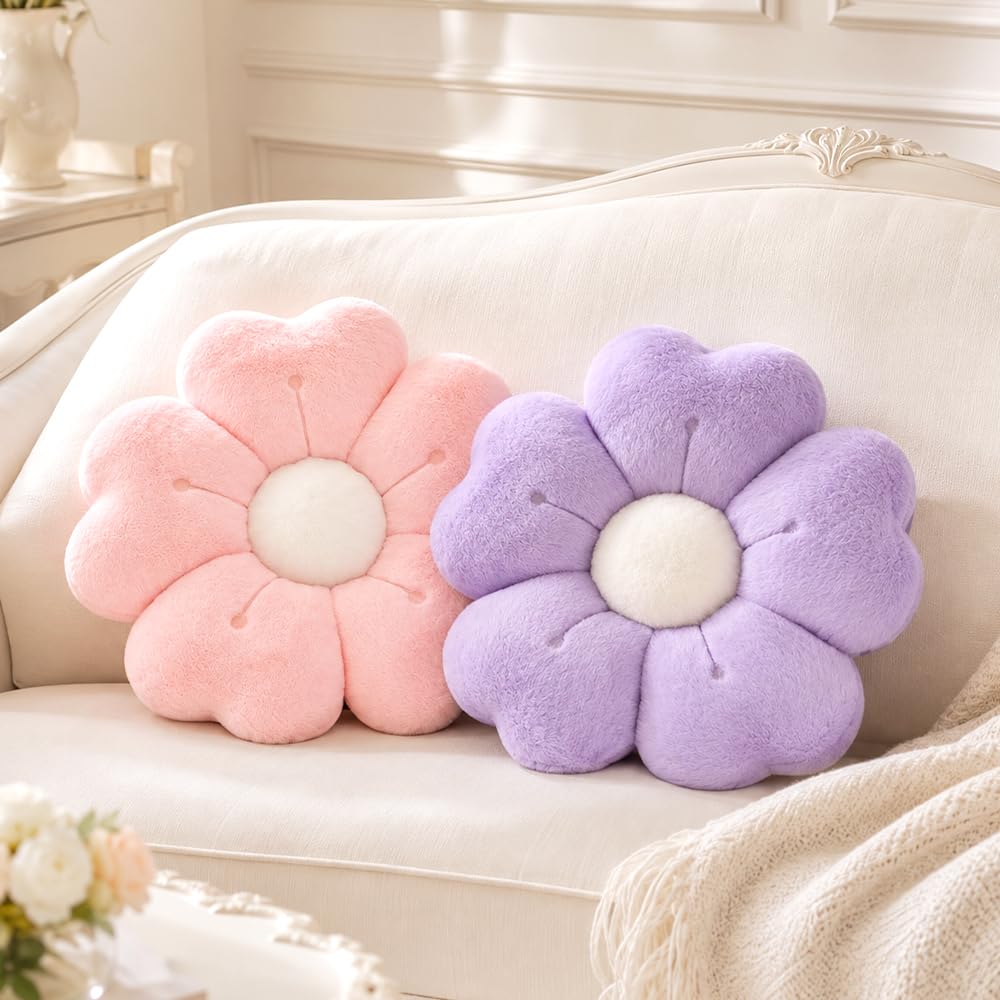 Wxeadu 2Pcs Flower Pillow, 35cm Flower Cushion, Pink + PurpleAesthetic Daisy Pillow, Soft and Fluffy Flowe R-Shaped Floor Cushion, Cute Room Decor for Bedroom, Sofa, Couch