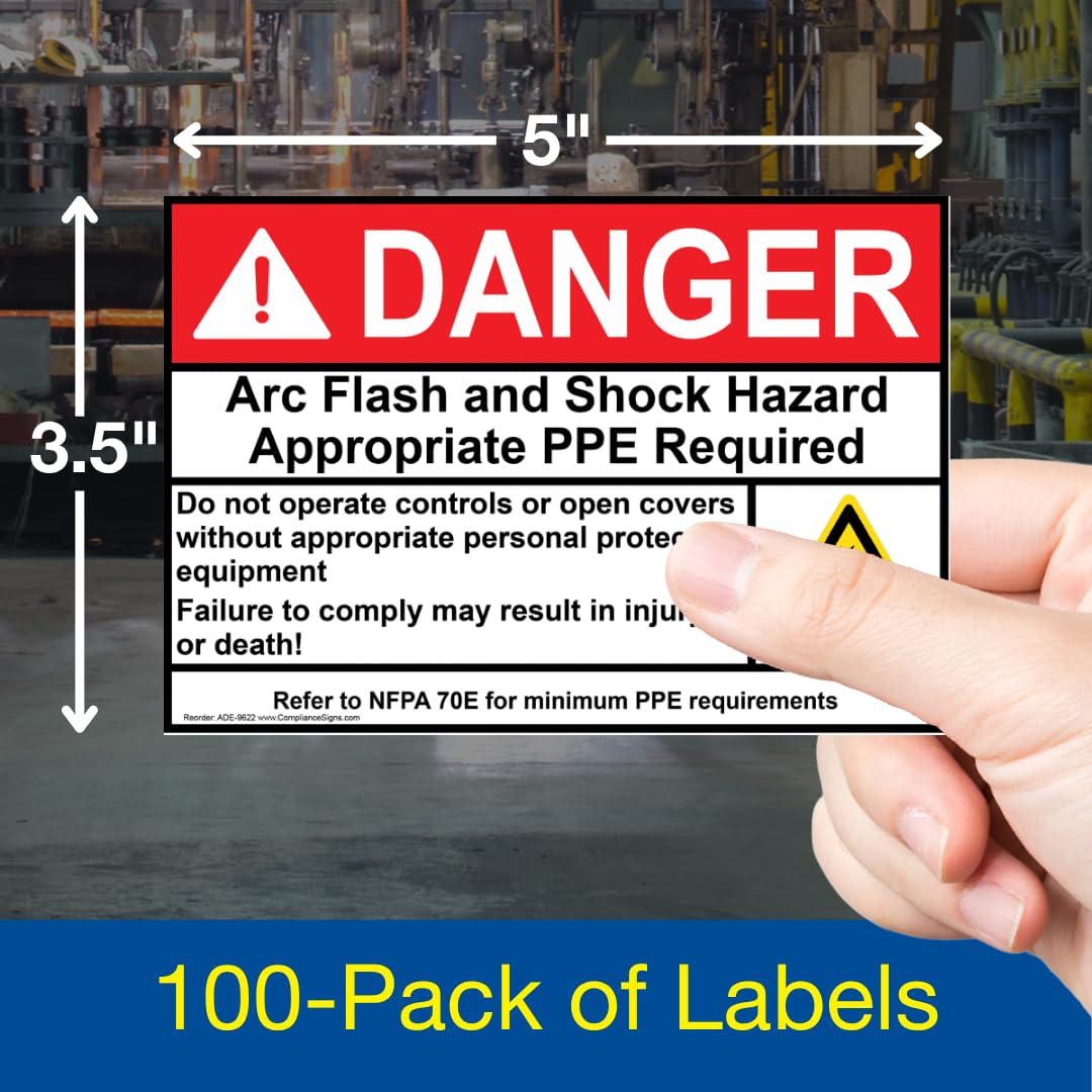 ComplianceSigns.com Peligro arco de flash y riesgo de choque adecuado PPE ANSI NFPA 70E etiqueta de seguridad, 5 x 3.5 pulgadas, paquete de 100 unidades de vinilo para electricidad