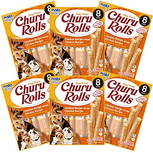 INABA Churu Rolls Natural Dog Treat - Soft Baked Chicken Filled with Churu Chicken Recipe Puree (48 Sticks)