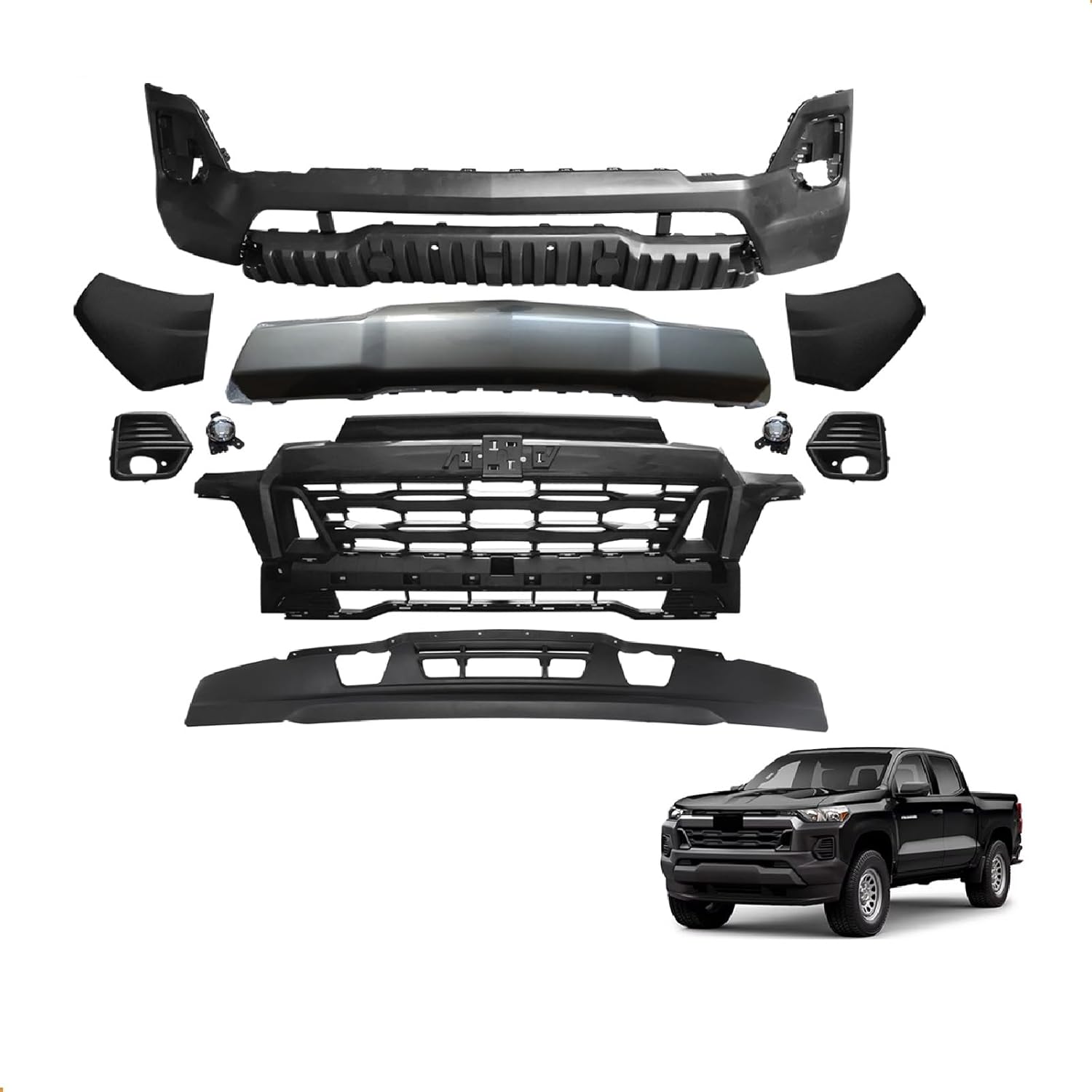 Complete Front Bumper Cover Kit Compatible with 2023 2024 Chevrolet Colorado LT,WT,Z71,ZR2, W/Upper Grill Lower Grille w/Fog Lights Full Front Bumper Set
