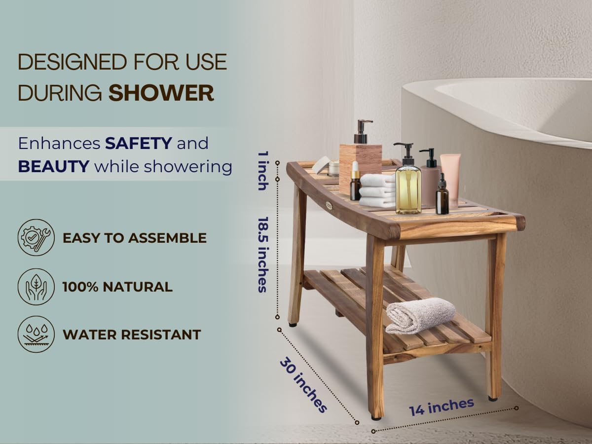 EcoDecors 30" Earthy Teak Shower Bench with Shelf