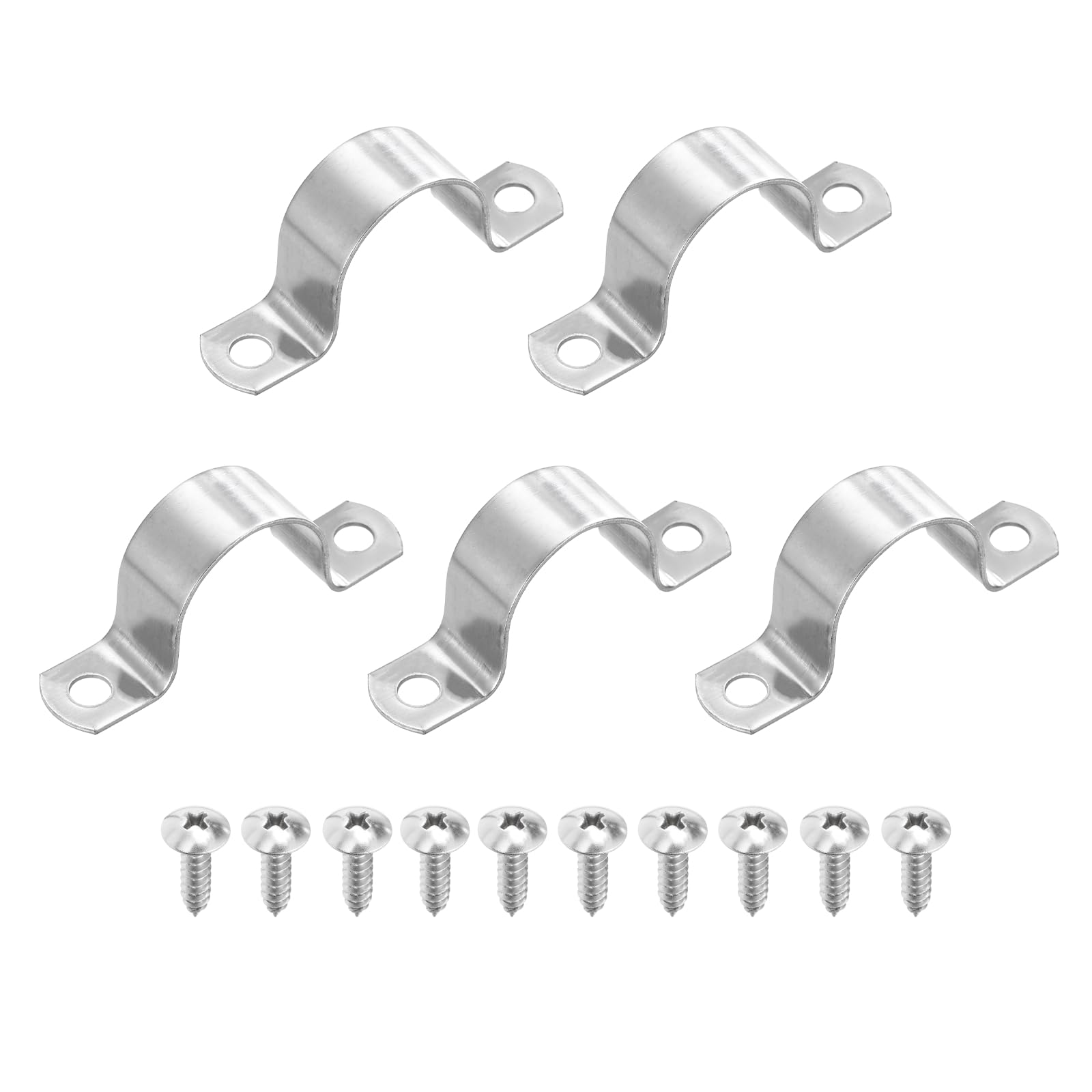 sourcing map 5Pcs 35mm(1-3/8") Two Hole Rigid Pipe Strap, 304 Stainless Steel Conduit Clamp Thicken U Bracket Heavy Duty Pipe Clamp with Self-Tapping Screws for Fixing Tube Cable, Silver