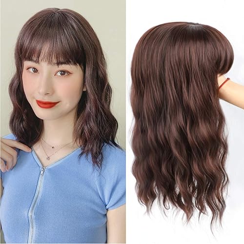 Miniatura 6 de Flequillo para la frente postizo con clip en la parte superior Snythetic, base de piel, peluca ondulada de agua, 13.8 in, marrón oscuro