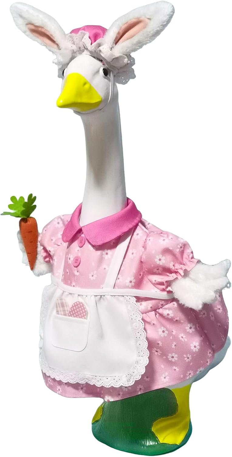 イースターバニーポーチグース衣装 23インチ芝生像用、プラスチック/セメントガチョウ像用コスチューム、バニーイヤー、ニンジン&amp
