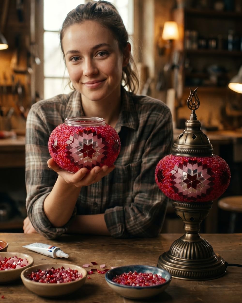DEMMEX Farbe Wählbar – DIY Mosaik-Tischlampe Bastelset – Türkisch-Marokkanischer Stil – Gestalten Sie Ihre eigene Lampe mit Glassteinen & Werkzeug, Kein Verfugen nötig