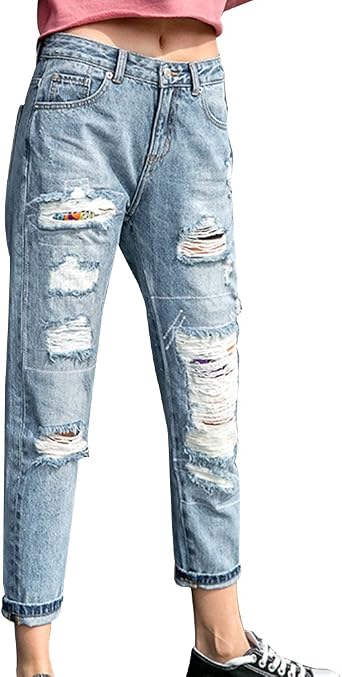 ZhiYuanAN Mujer Vaqueros Rectos Con Parches Moda Rasgados Jeans Boyfriend  Casual Baggy Rotos Mezclilla Pantalones Azul Claro S: Amazon.es: Ropa