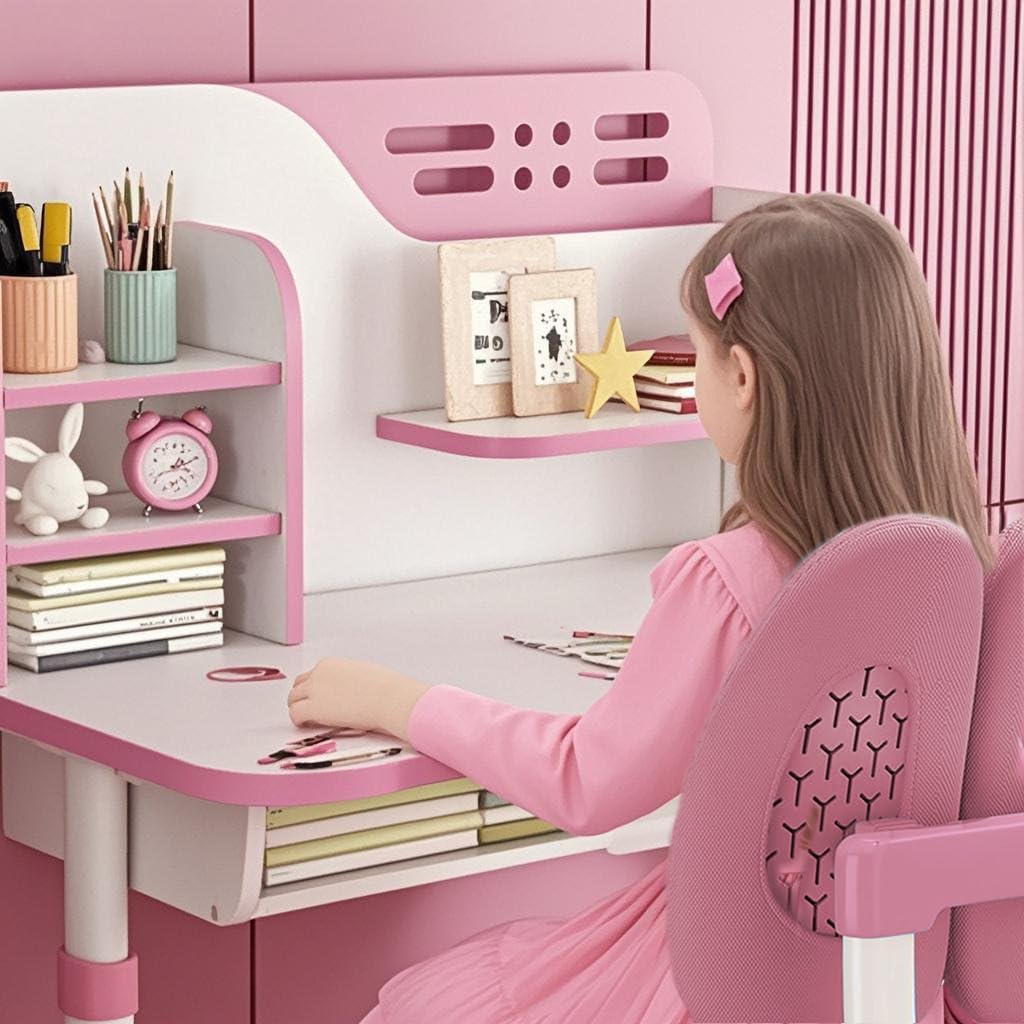 2024 Upgraded Kids Desk and Chair Set, Kids School Desk Children Desk and Chair Set with Magnetic Back Plate, Drawers Schoolbag Hooks & Book Stand, Pen Holders (Pink-)