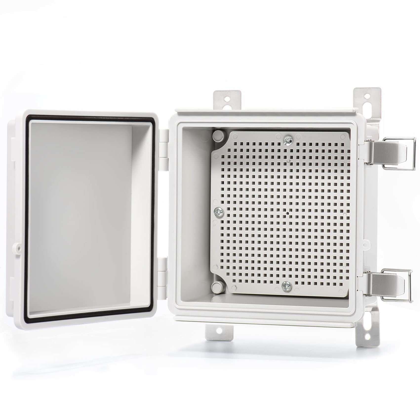 QILIPSU Hinged Cover 150x150x90mm Junction Box with Mounting Plate, Universal IP67 Project Box Waterproof DIY Electrical Enclosure, ABS Plastic Grey (5.9"x5.9"x3.5" Stainless Steel Latch)