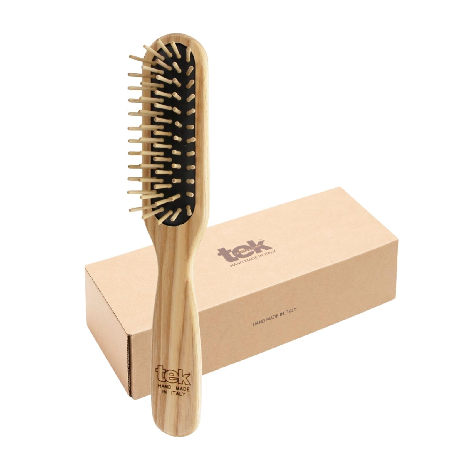TEK – Rectangular Wooden Hair Brush with Short Rounded Teeth in Natural Ash Wood, Handmade in Italy – Ideal for Styling, Detangling, and Daily Care of Short, Fine, or Delicate Hair – 22 x 4 cm