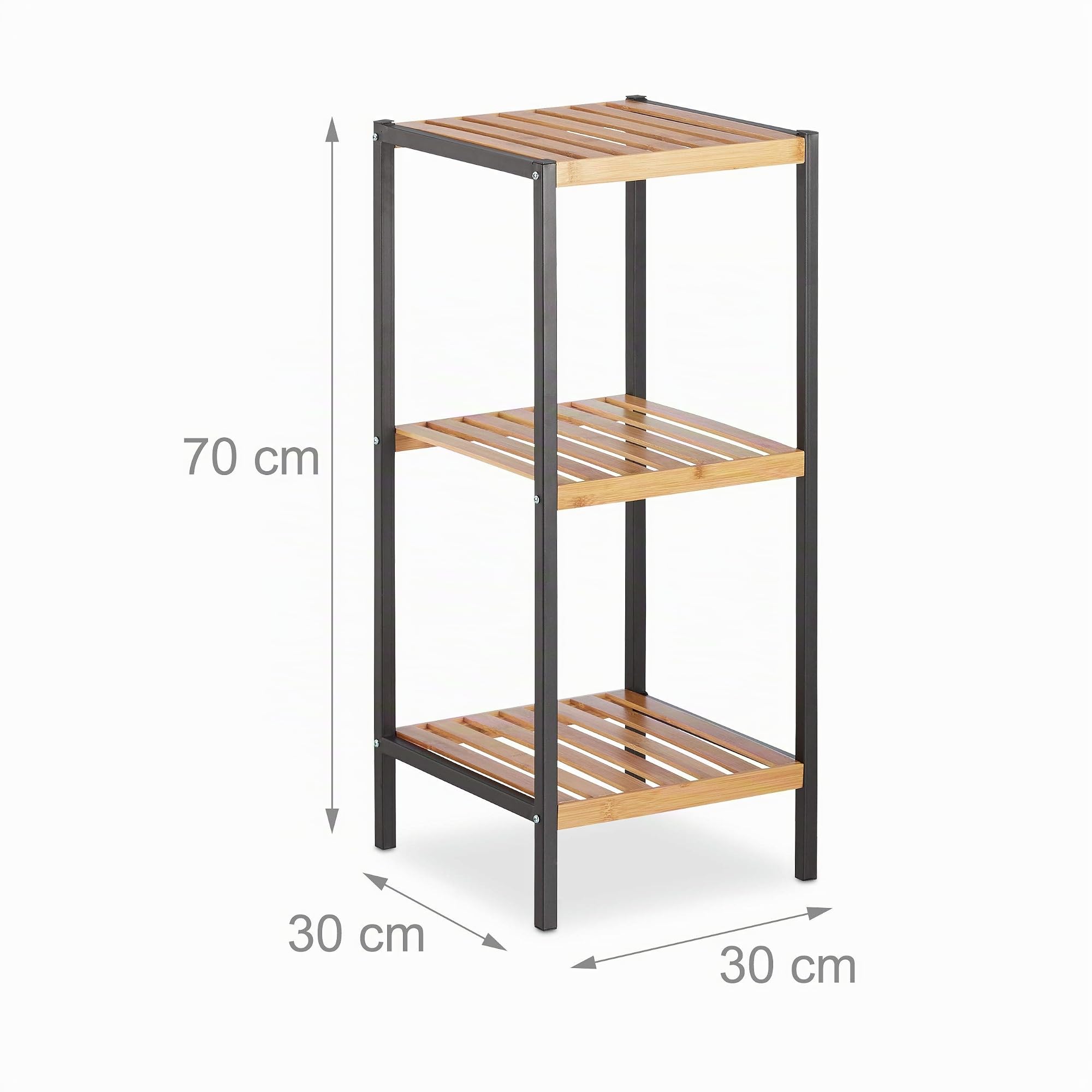 Relaxdays Scaffale a Colonna in Bambù e Metallo, HLP: 70x30x30 cm Mobile Aperto per Bagno e Cucina, Quadrato, Marrone