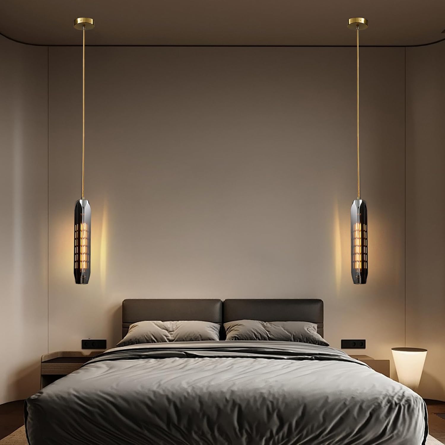 Modern K9 Crystal Pendant Light for Kitchen Island, Long Black Smokey Crystal Chandeliers, Unique Smoked Gray Hanging Light with Gold Plate, for Kitchen Island, Bedroom, Dining Room (1 Pack)