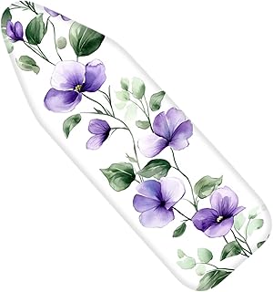 Nuxovilar White Background with Purple Flowers & Green Leaves Ironing Board Cover, 15×54inch, This Cover Fits Most Standard Boards, Dust - Proof Ironing Accessory for Home Decoration