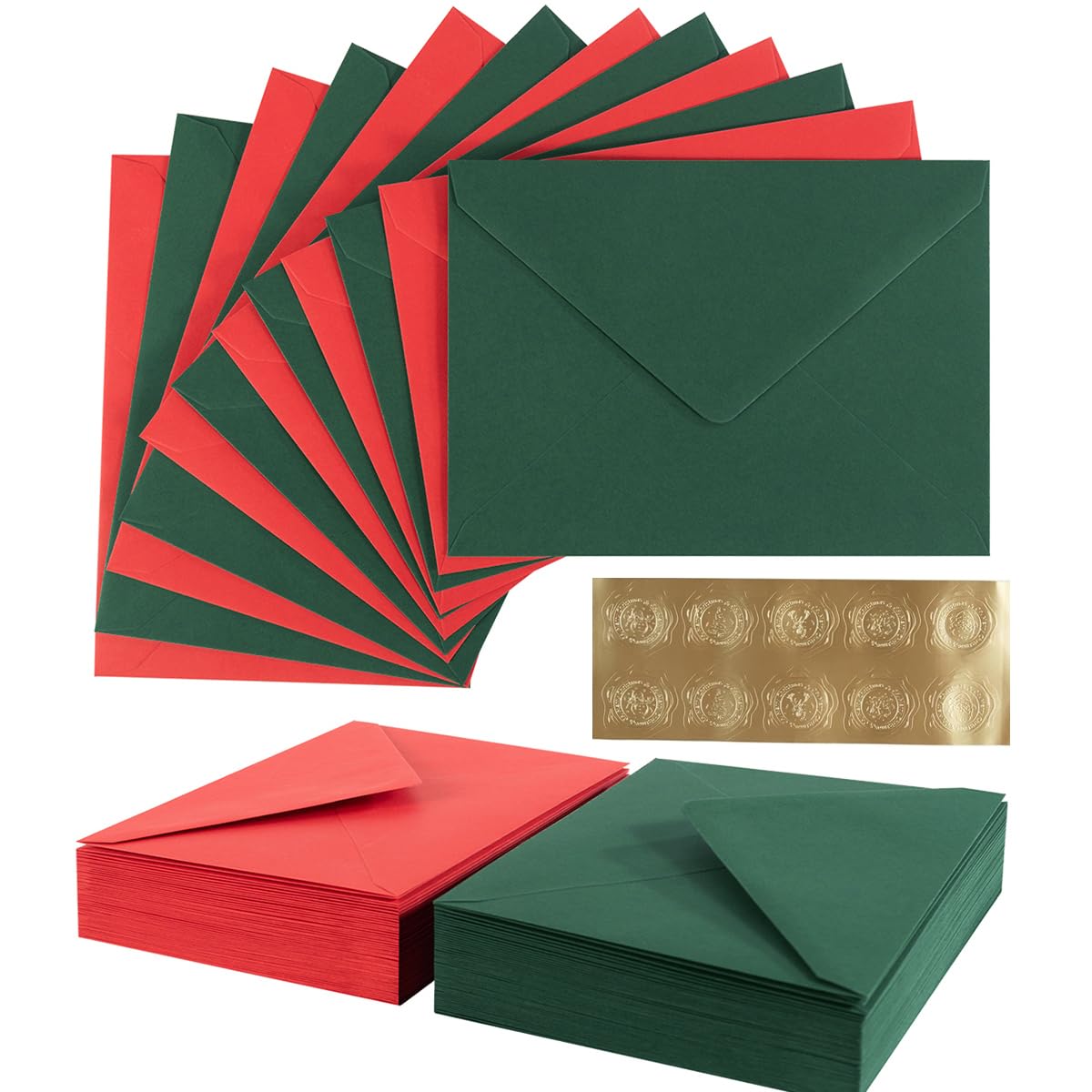 100 sobres de Navidad A7 coloridos de 5 x 7 pulgadas para tarjetas de felicitación, cumpleaños, bodas, tarjetas de invitación de baby shower (5.24 x 7.24 pulgadas, rojo/verde)