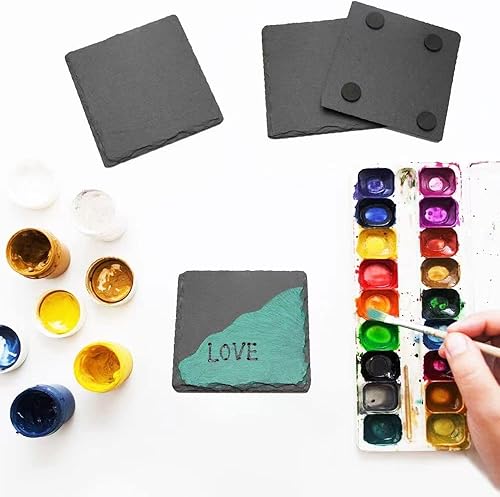 Vista 7 de Paquete de 24 portavasos cuadrados de piedra de pizarra negra de 4 x 4 pulgadas para bebidas, bar, cocina, hogar, hecho a mano, borde natural